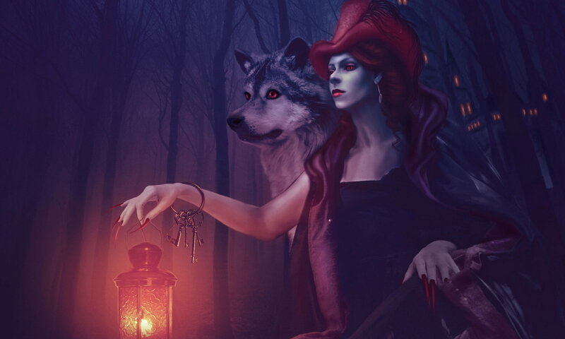 Woman with Wolf in Forest — Purple, Mysterious