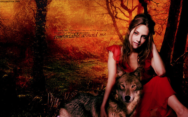 Woman with Wolf in Forest — Red, Dramatic