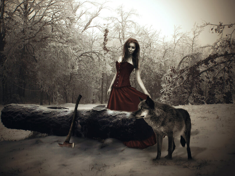 Woman with Wolf in Forest — Red, Dramatic, Winter
