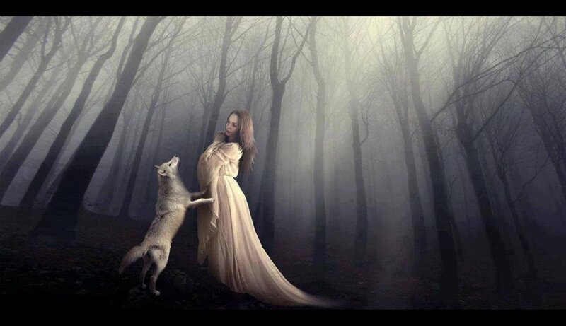 Woman with Wolf in Forest — White, Mysterious