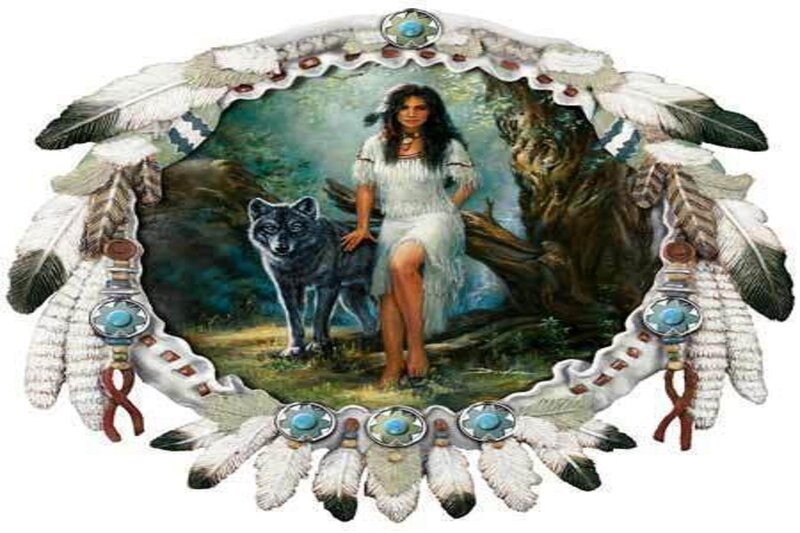 Woman with Wolf in Forest — White, Serene