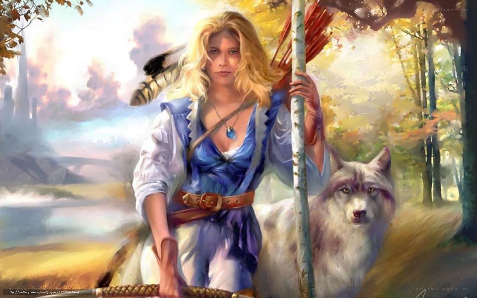 woman with wolf in forest
