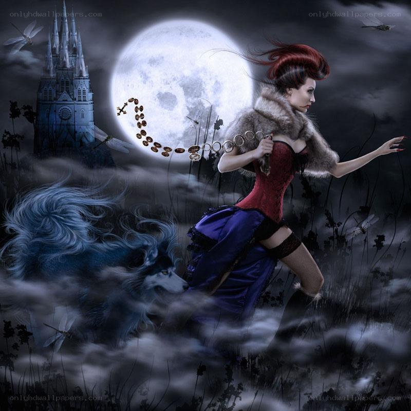 woman with wolf in moonlight