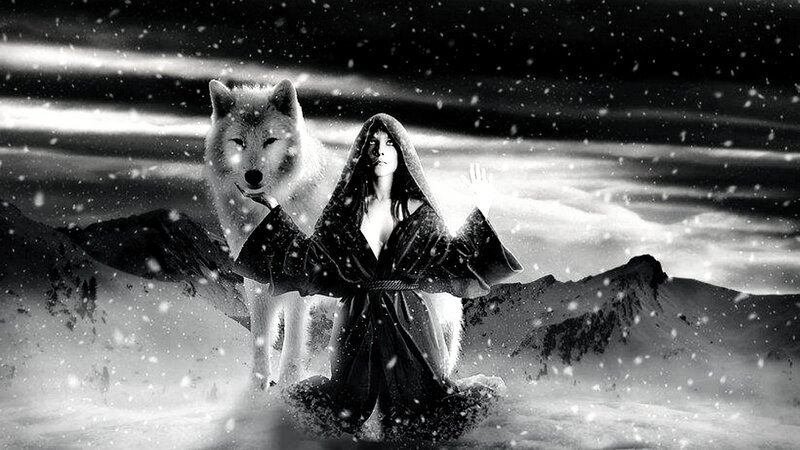 Woman with Wolf in Snow — Black