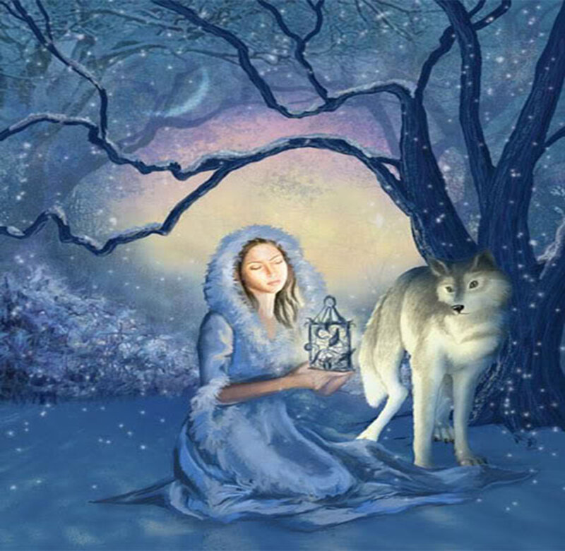 Woman with Wolf in Snow — Blue, Serene