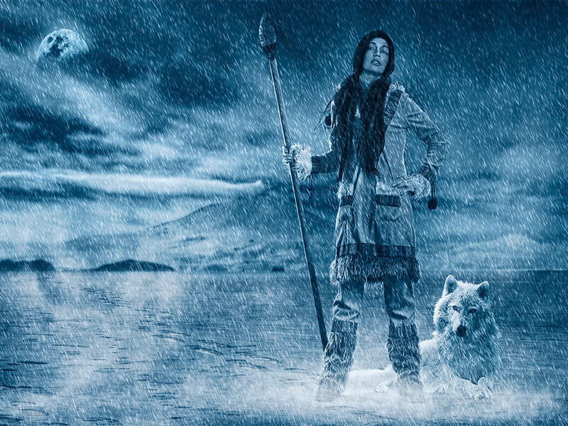Woman with Wolf in Snow — Blue