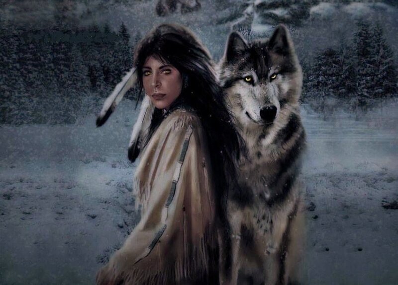 Woman with Wolf in Snow — Gray, Dramatic