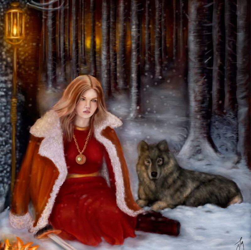 Woman with Wolf in Snow — Red
