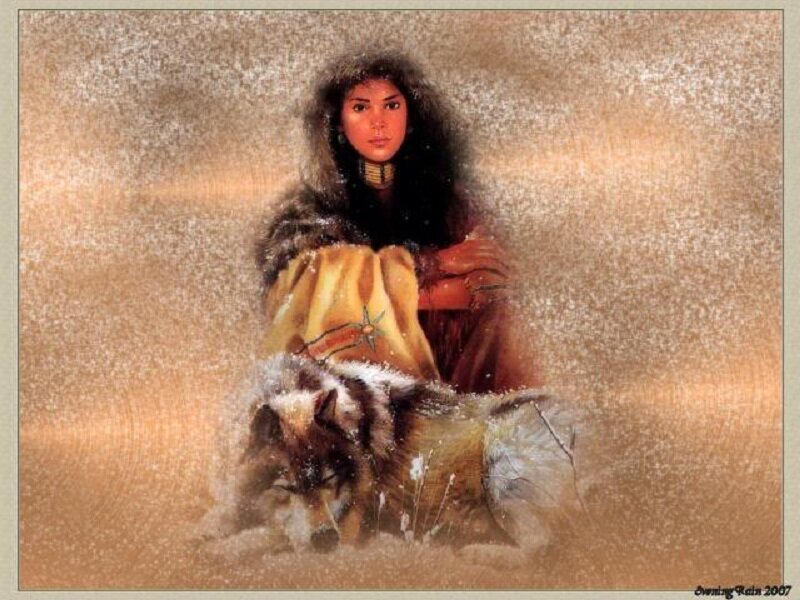 Woman with Wolf in Snow