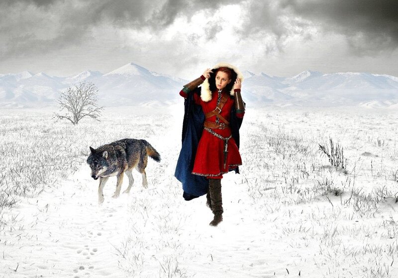 Woman with Wolf in Snow — White, Dramatic