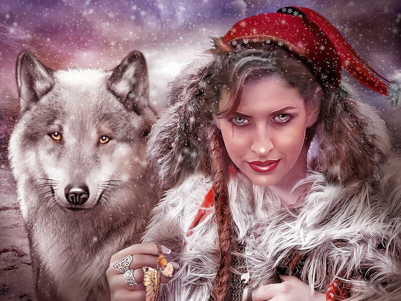 Woman with Wolf in Snow — White, Dramatic, Winter, Digital Art