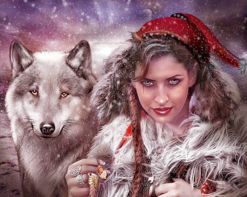 Woman with Wolf in Snow — White, Dramatic, Winter