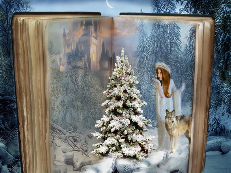 Woman with Wolf in Snow — White, Magical