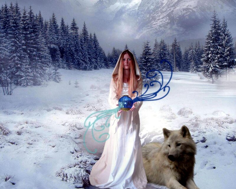 Woman with Wolf in Snow — White, Serene