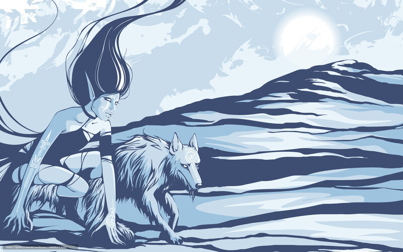 woman with wolf in snowy landscape