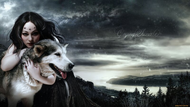 woman with wolf in storm