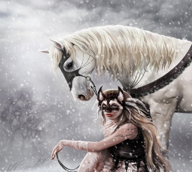 Woman with Wolf Mask and White Horse
