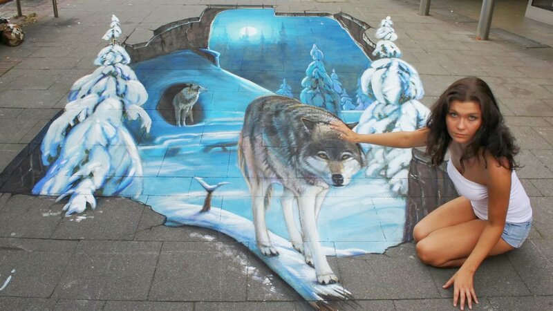 Woman with Wolf Mural — Blue, Dramatic