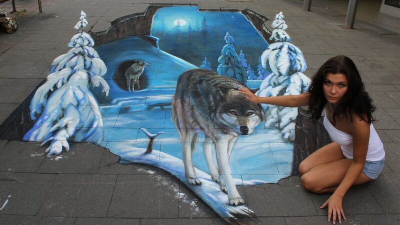Woman with Wolf Mural — Blue