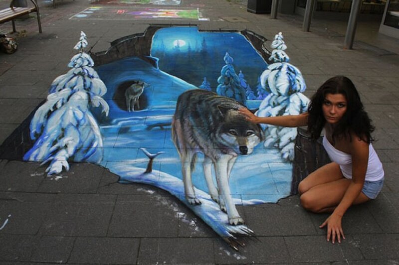 Woman with Wolf Mural
