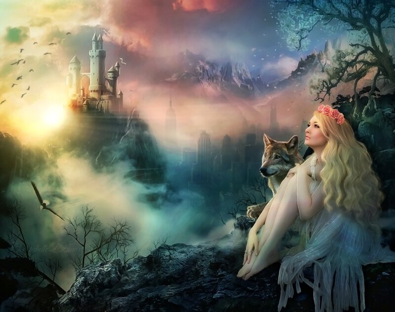 Woman with Wolf on Cliff — Blue, Dramatic