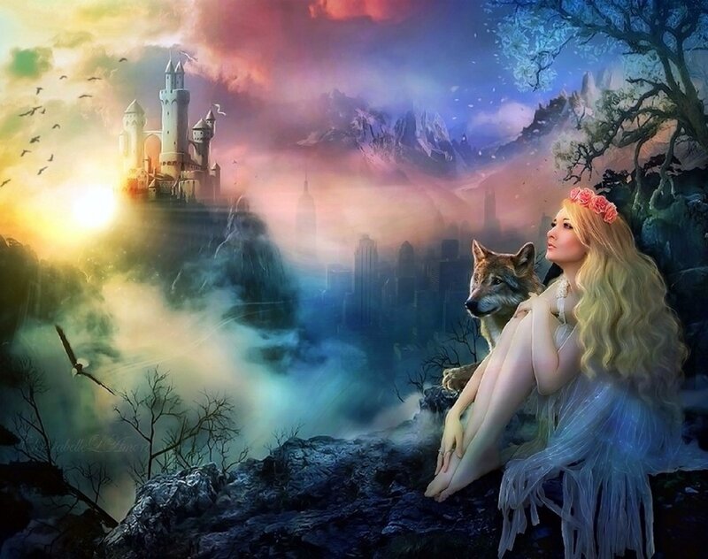 Woman with Wolf on Cliff — Blue, Fantasy