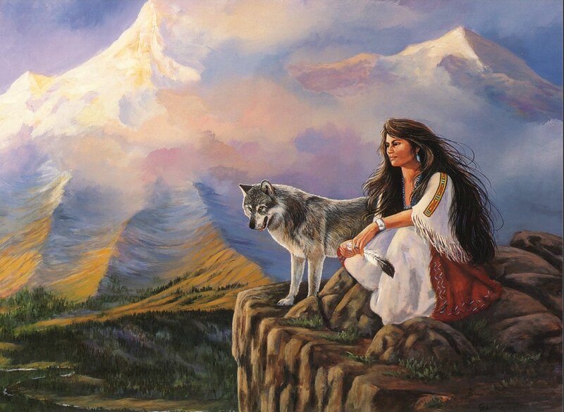 Woman with Wolf on Cliff — Blue, Serene