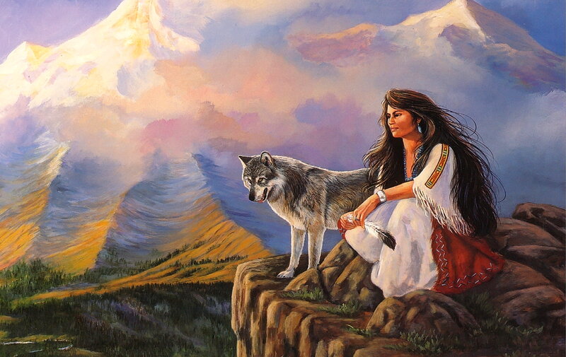 Woman with Wolf on Cliff — Blue