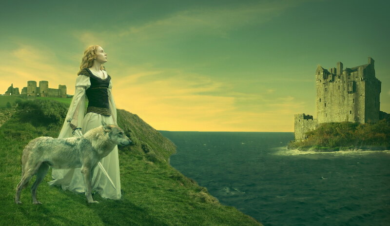 Woman with Wolf on Cliff — Green