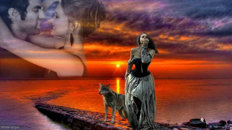 Woman with Wolf on Shore