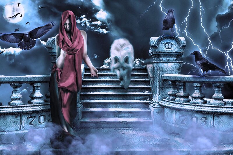 Woman with Wolf on Stairs