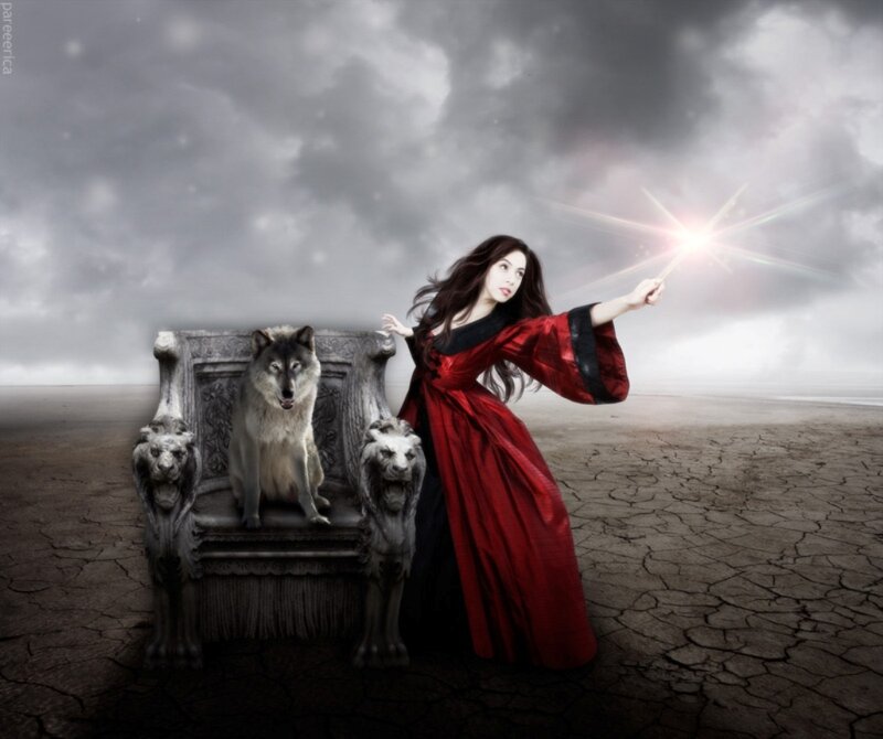 Woman with Wolf on Throne