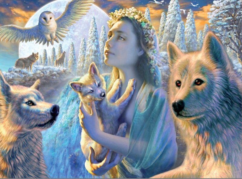 Woman with Wolf Pups — Blue