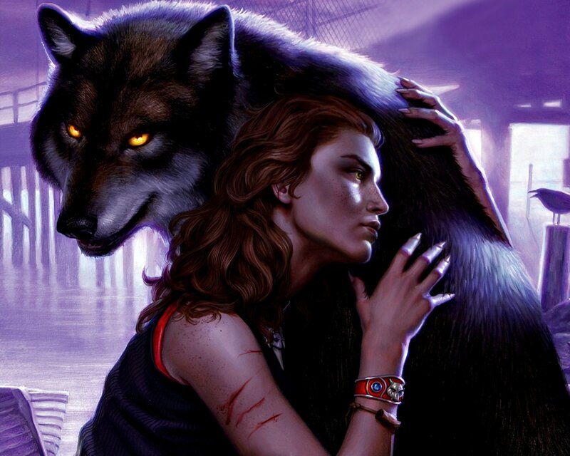 Woman with Wolf — Purple, Dramatic, Night, Digital Art, Bird