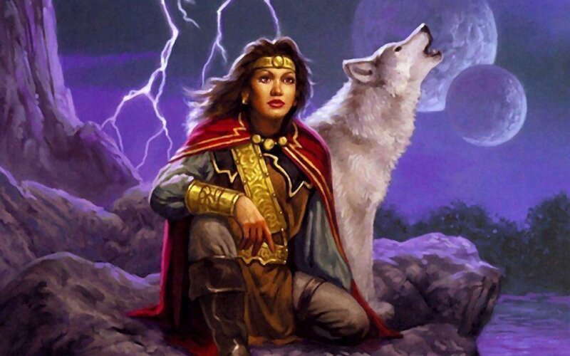 Woman with Wolf — Purple, Dramatic, Night