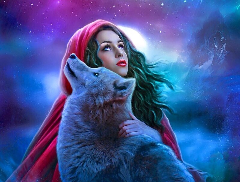 Woman with Wolf — Purple, Fantasy