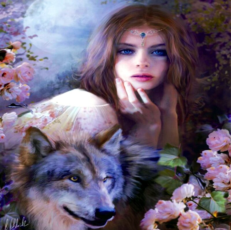 Woman with Wolf — Purple, Serene
