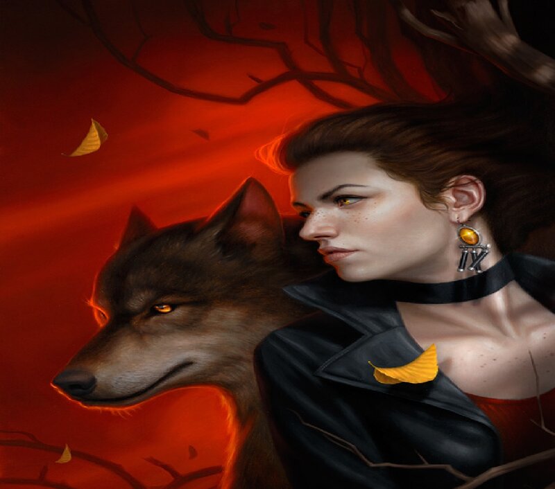 Woman with Wolf — Red, Dramatic, Autumn, Digital Art