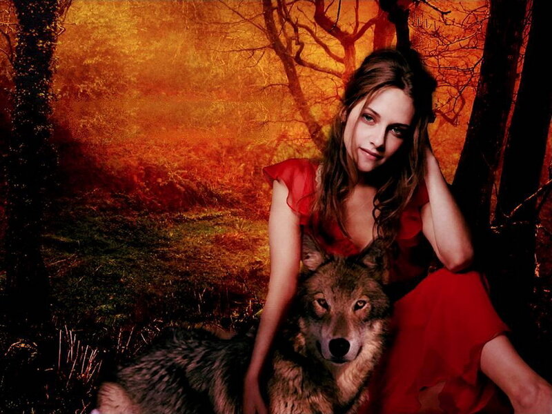 Woman with Wolf — Red, Dramatic, Autumn, Photograph