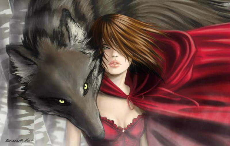 Woman with Wolf — Red, Dramatic, Digital Art