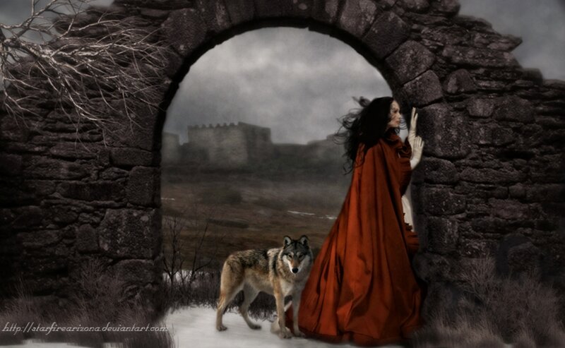 Woman with Wolf — Red, Dramatic, Winter