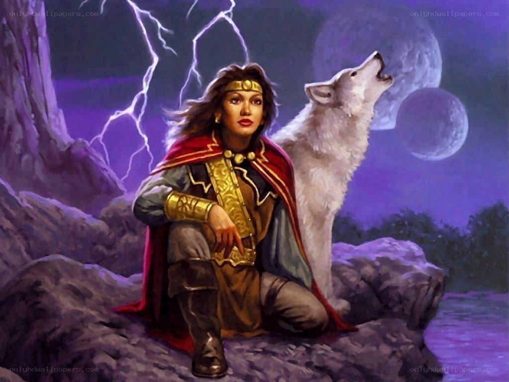 woman with wolf under lightning