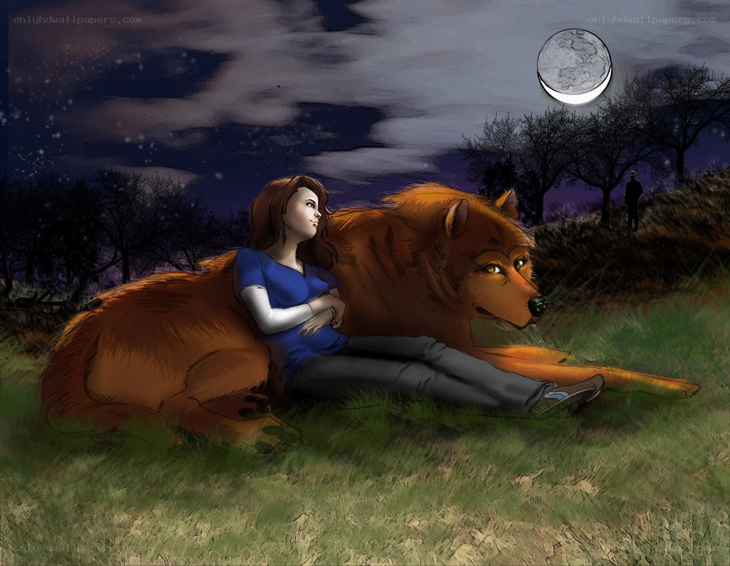 Woman with wolf under moonlight