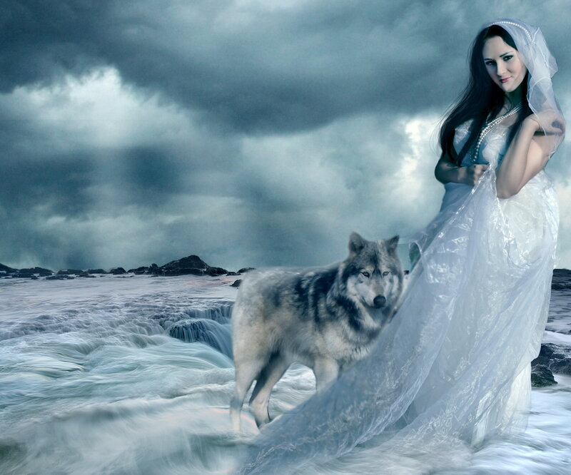 Woman with Wolf — White, Dramatic, Digital Art