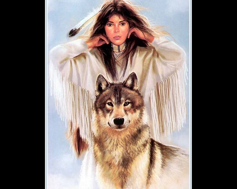 Woman with Wolf — White, Serene, Illustration