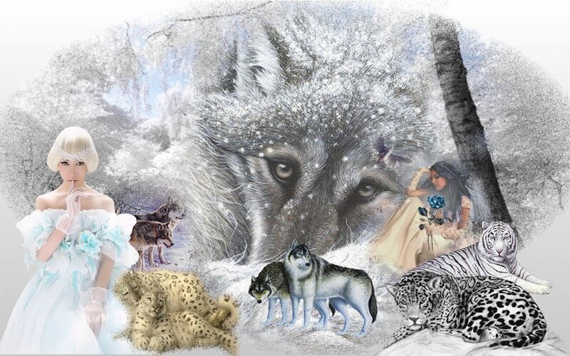 Woman with Wolves and Big Cat