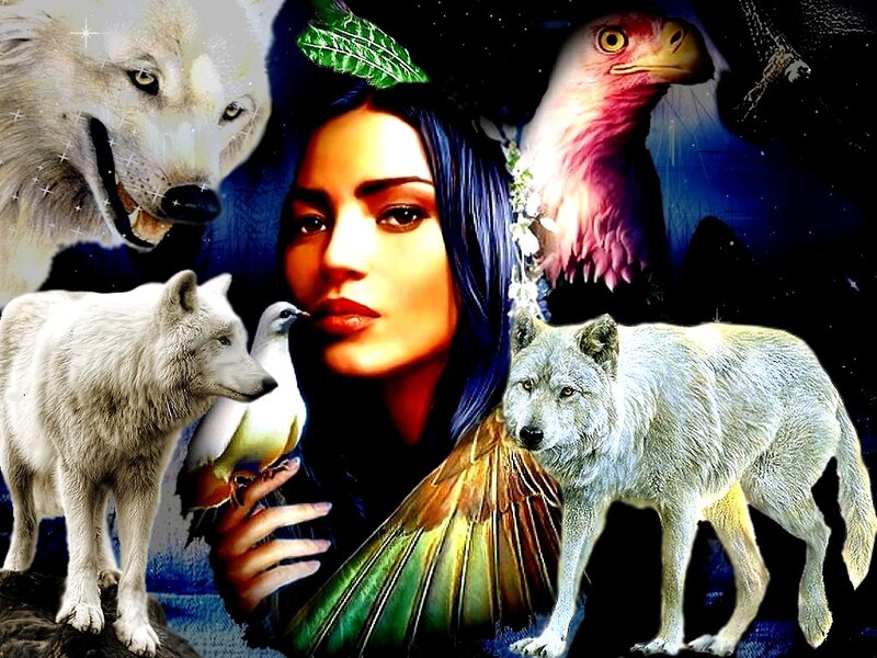 Woman with Wolves and Birds