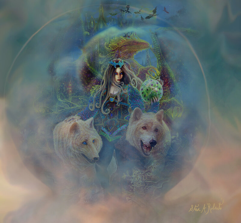 Woman with Wolves and Dragon