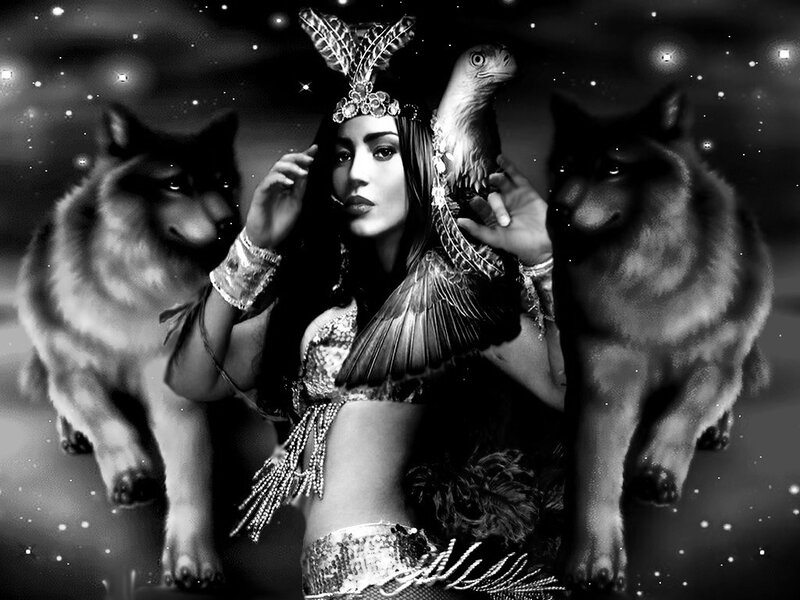 Woman with Wolves and Eagle — Black