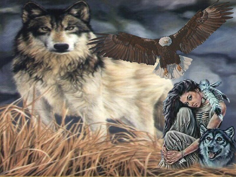 Woman with Wolves and Eagle